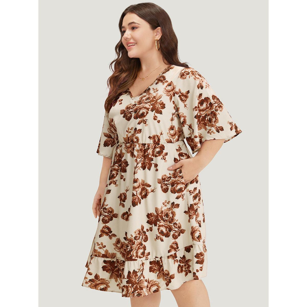 Plus Size Floral Print Pocket Flounce Sleeve Ruffle Dress Russet Women Elegant Printed V-neck Half Sleeve Curvy Midi Dress BloomChic 28/5X Product Image