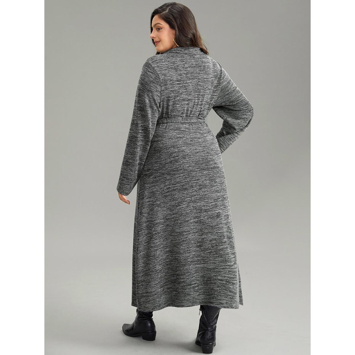 Plus Size Solid Pocket Elastic Waist Ties Split Hem Dress DimGray Women Casual Plain Lapel Collar Long Sleeve Curvy Midi Dress BloomChic 22-24/3X Product Image