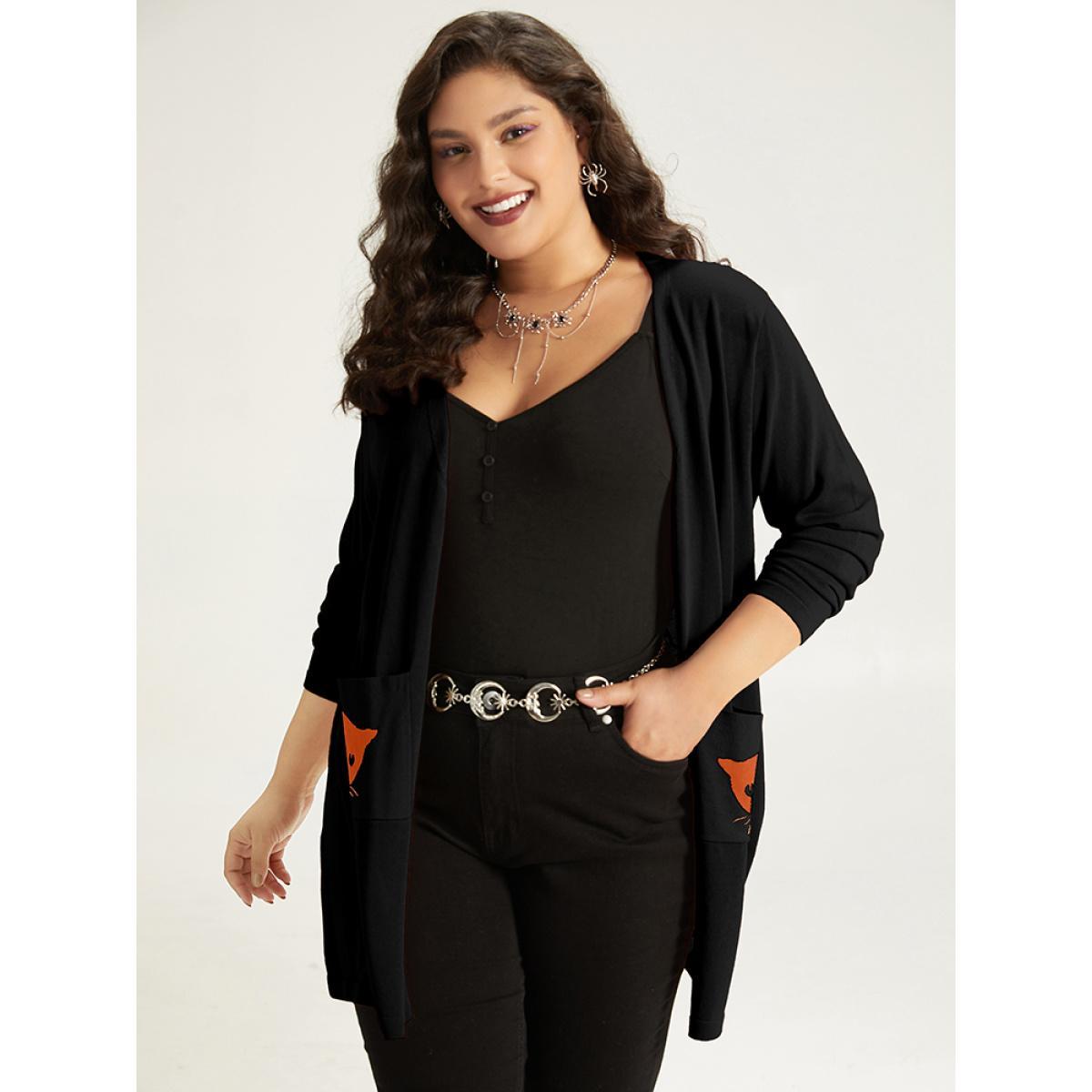 Plus Size Halloween Cat Print Split Side Patched Pocket Cardigan Black Women Casual Loose Long Sleeve Festival-Halloween Cardigans BloomChic 26/4X Product Image