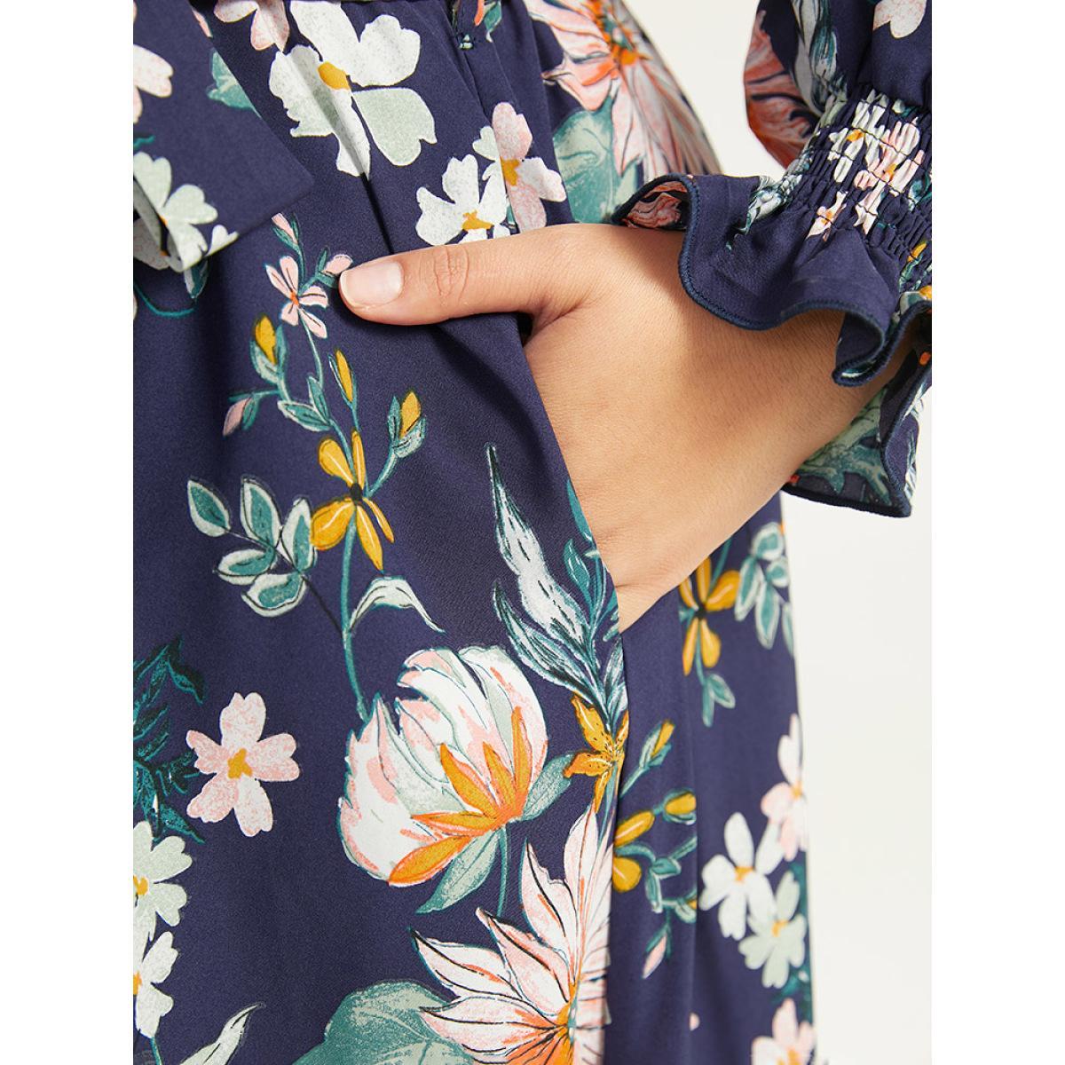 Plus Size Floral Print Overlap Collar Shirred Dress DarkBlue Women Elegant Belted V-neck Long Sleeve Curvy Midi Dress BloomChic 22-24/3X Product Image