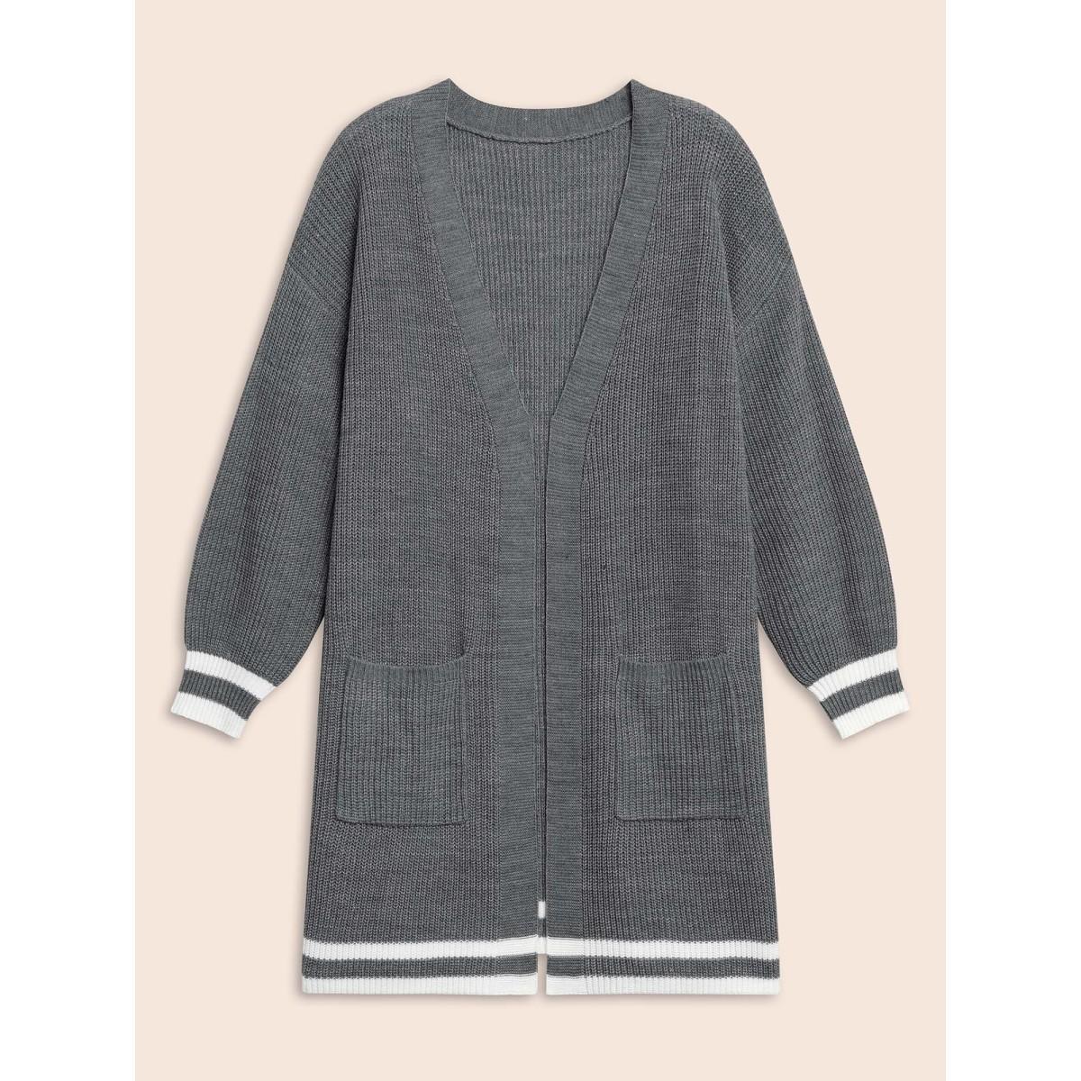 Plus Size Texture Striped Patchwork Patched Pocket Cardigan DarkGray Women Casual Loose Long Sleeve Everyday Cardigans BloomChic 14-16/1X Product Image