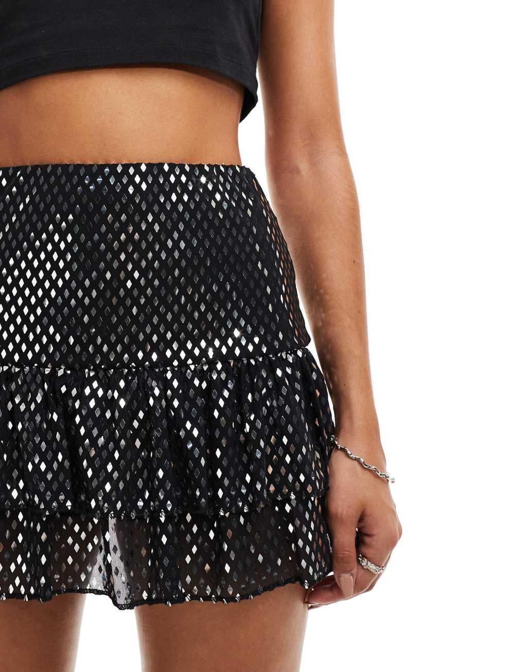 Miss Selfridge sparkly ruffle detail skirt in black Product Image