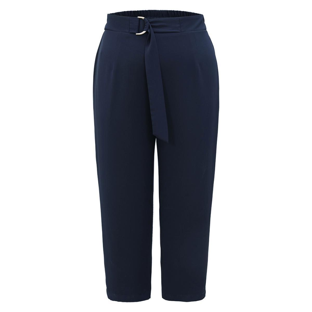 Plus Size Plain Buckle Detail Bowknot Pocket Pants Women Midnight Elegant High Rise Dailywear Pants BloomChic 10/M Product Image