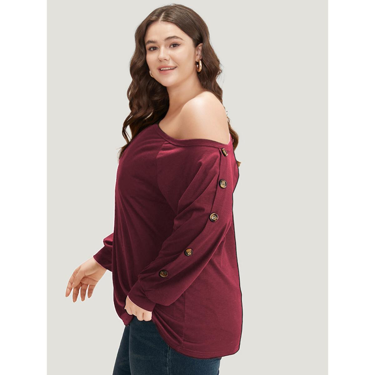 Plus Size Plain One Shoulder Button Detail Elastic Cuffs T-shirt Raspberry Women Elegant Elastic cuffs Plain One Shoulder Dailywear T-shirts BloomChic 30/6X Product Image