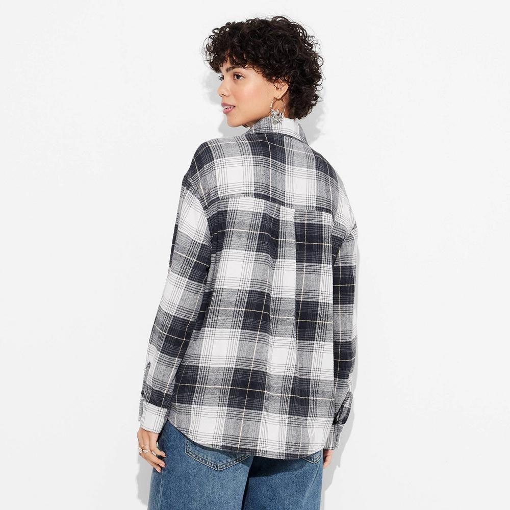Womens Long Sleeve Oversized Flannel Button-Down Shirt - Wild Fable Black Plaid XXS Product Image