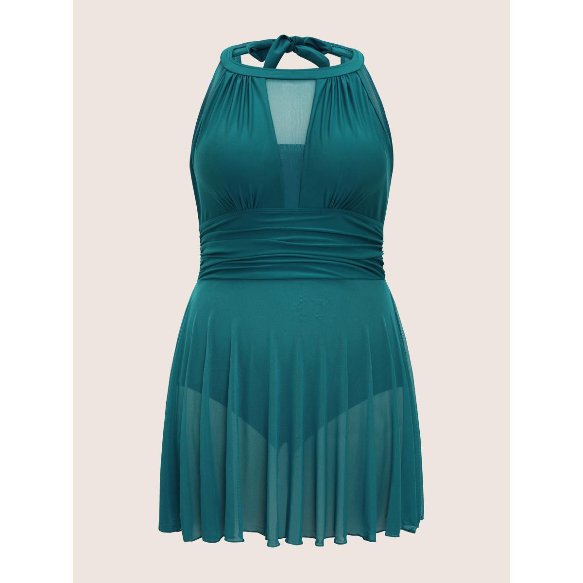 Plus Size Knotted Back Mesh Insert Halter Swim Dress Women's Swimwear Aegean Beach Bodycon Round Neck High stretch Curve Swim Dresses BloomChic 30/6X Product Image