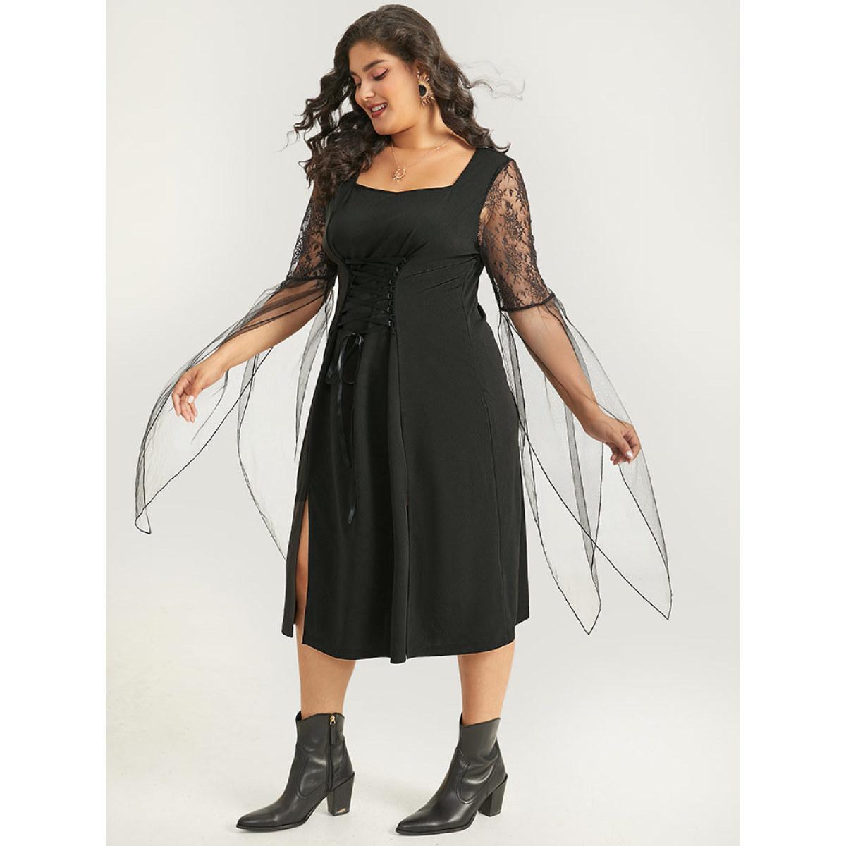 Plus Size Halloween Patchwork Lace Mesh Split Hem Lace Up Dress Black Women Glamour Cross straps Square Neck Short sleeve Curvy Midi Dress BloomChic 18-20/2X Product Image