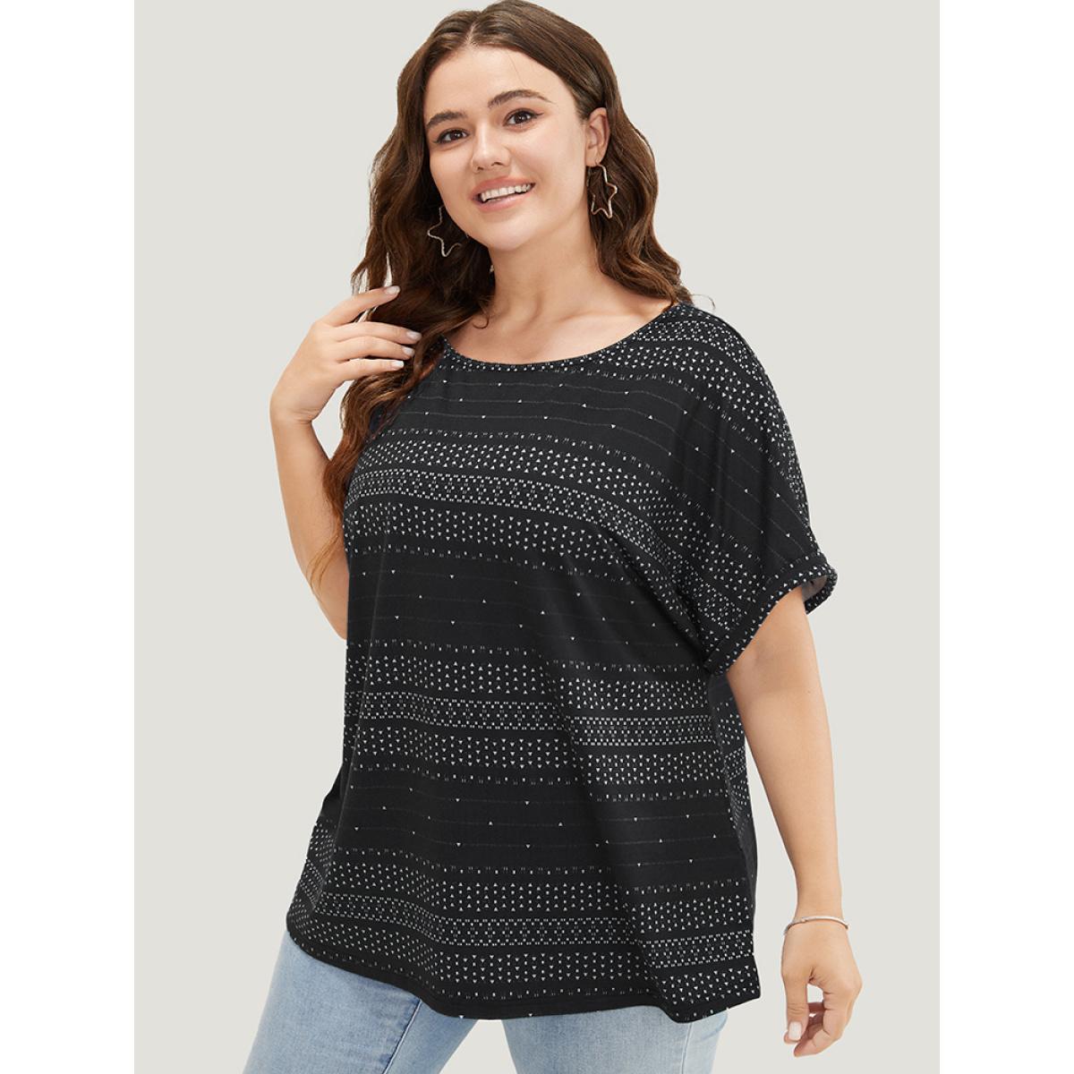 Plus Size Geometric Print Backless Roll Dolman Sleeve T-shirt Black Women Casual Cut-Out Geometric Round Neck Dailywear T-shirts BloomChic 14-16/1X Product Image