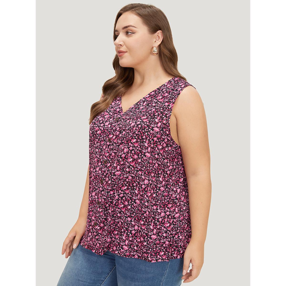Plus Size Ditsy Floral Sleeveless Button Detail Tank Top Women BlackFlower Casual Button V-neck Everyday Tank Tops Camis BloomChic 14-16/1X Product Image
