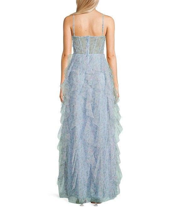 City Vibe Floral Tulle Spaghetti Strap Sweetheart Neck Ruffled Dress Product Image