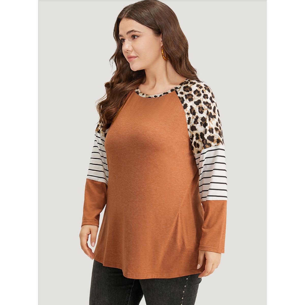 Plus Size Striped Patchwork Leopard Print Crew Neck T-shirt Chocolate Women Casual Contrast Leopard Round Neck Dailywear T-shirts BloomChic 10/M Product Image