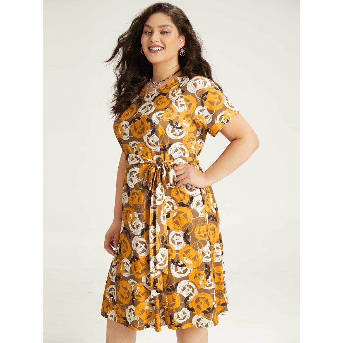 Plus Size Halloween Print Crew Neck Pocket Belted Dress Orange Women Elegant Belted Round Neck Short sleeve Curvy Midi Dress BloomChic 28/5X Product Image