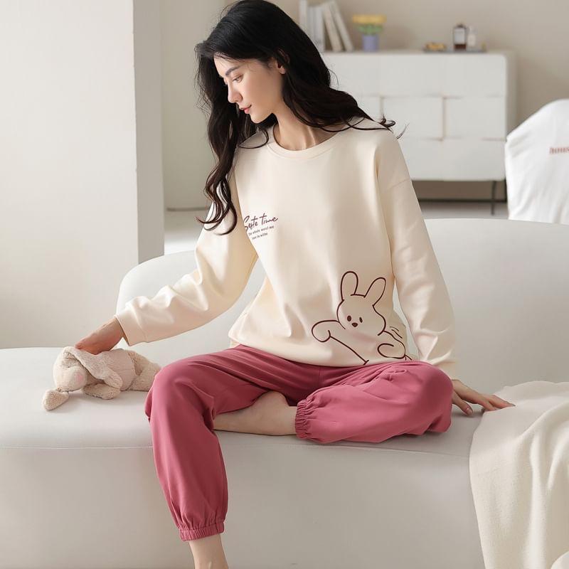Loungewear Set : Long-Sleeve Rabbit Print Padded T-Shirt + Pants Product Image