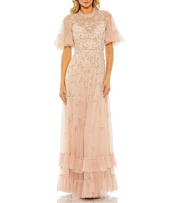 Mac Duggal Ruffled Floral Beaded Illusion Mock Neck Short Flutter Sleeve Gown Product Image