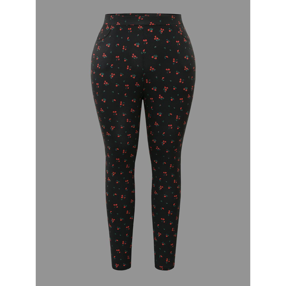 Plus Size Ditsy Floral Pocket Skinny Leggings Women BlackFlower Elegant High stretch Skinny Mid Rise Everyday Leggings BloomChic 14-16/1X Product Image
