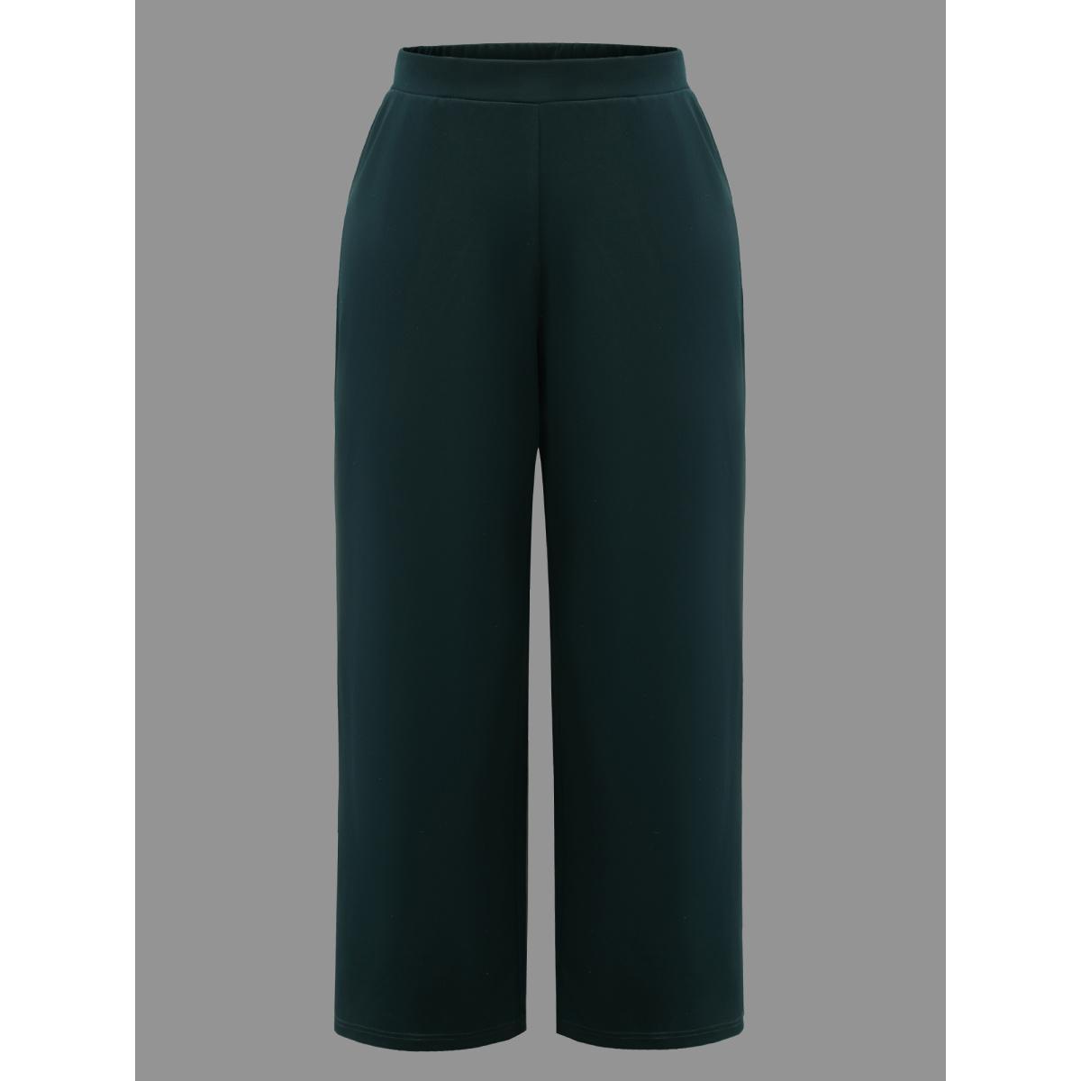 Plus Size Solid Elastic Waist Wide Leg Pants Women DarkGreen Workwear Essentials Wide Leg Mid Rise Work Pants BloomChic 26/4X Product Image