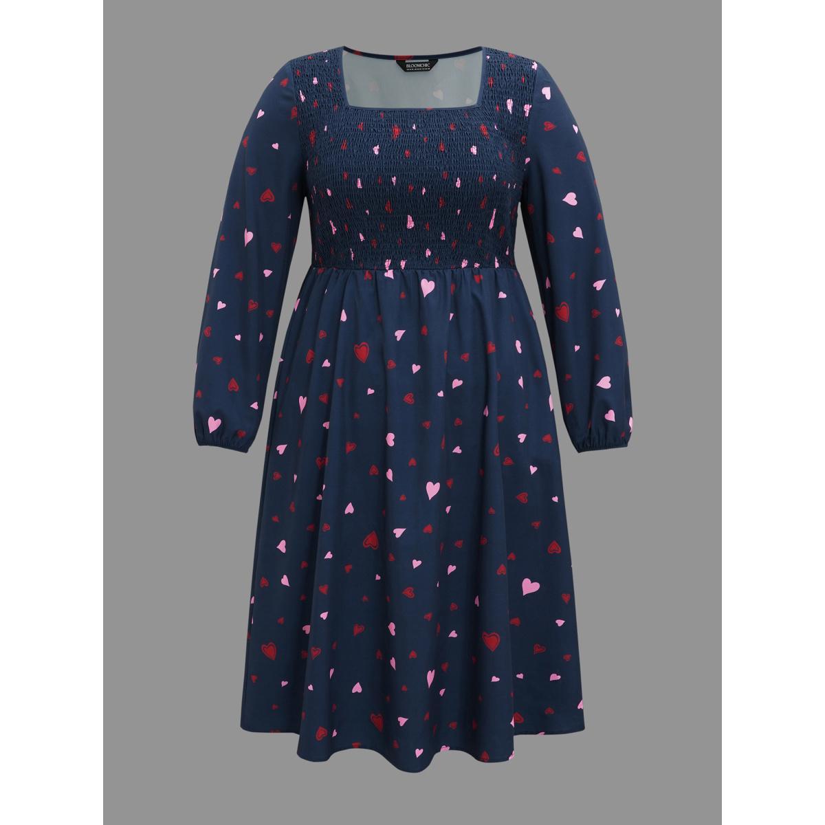 Plus Size Square Neck Shirred Hearts Midi Dress Indigo Women Elegant Shirred Square Neck Long Sleeve Curvy BloomChic 14-16/1X Product Image