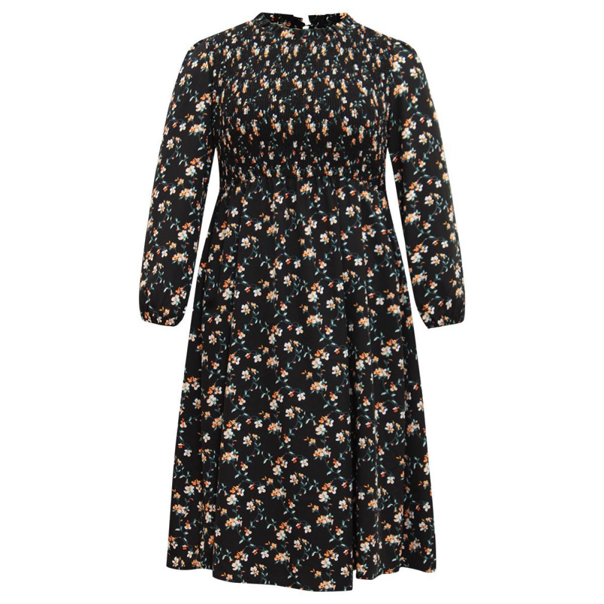 Plus Size Ditsy Floral Frill Trim Shirred Dress Black Women Elegant Elastic cuffs Mock Neck Long Sleeve Curvy Midi Dress BloomChic 28/5X Product Image