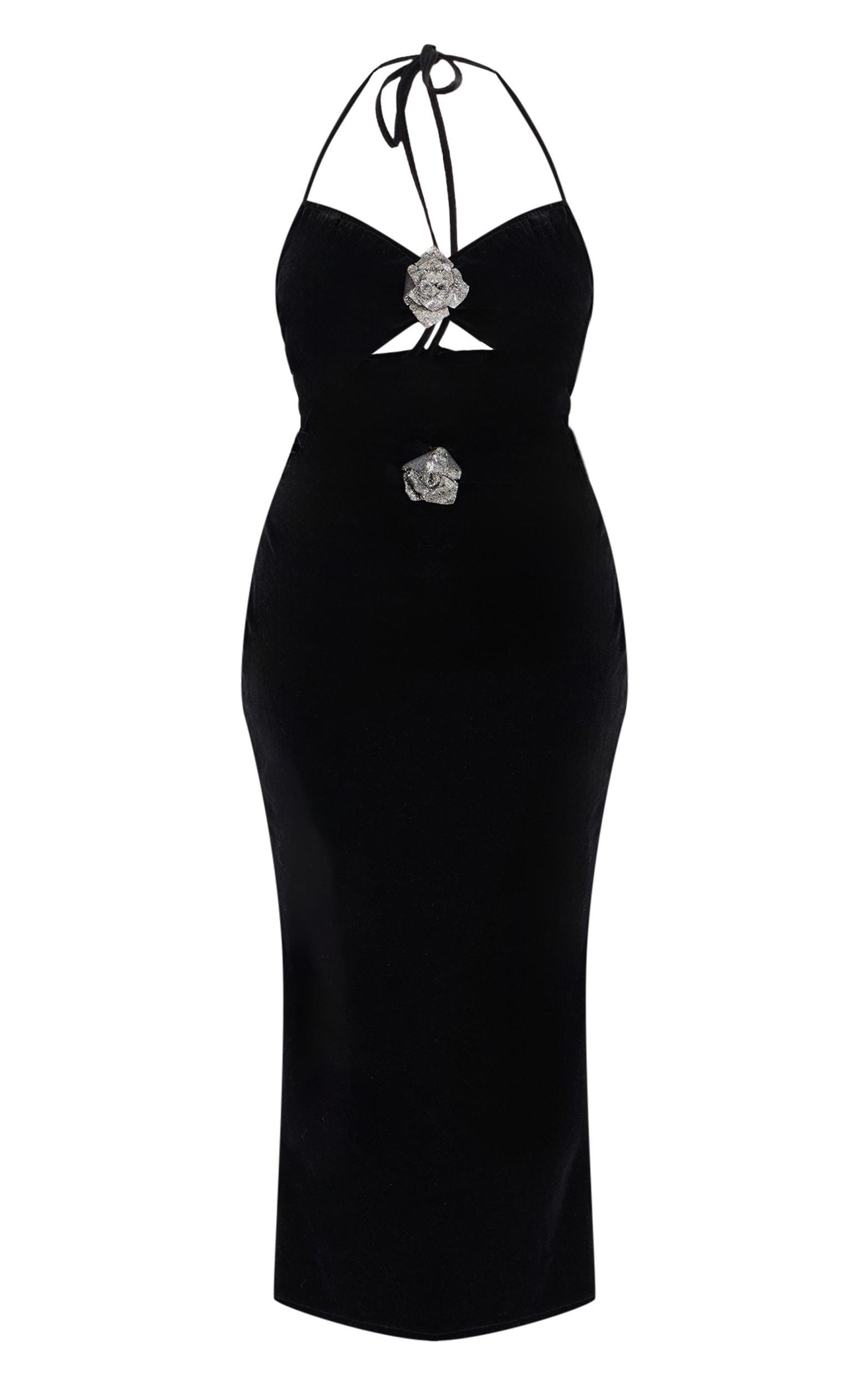 Plus Black Corsage Detail Cut Out Velvet Maxi Dress Product Image