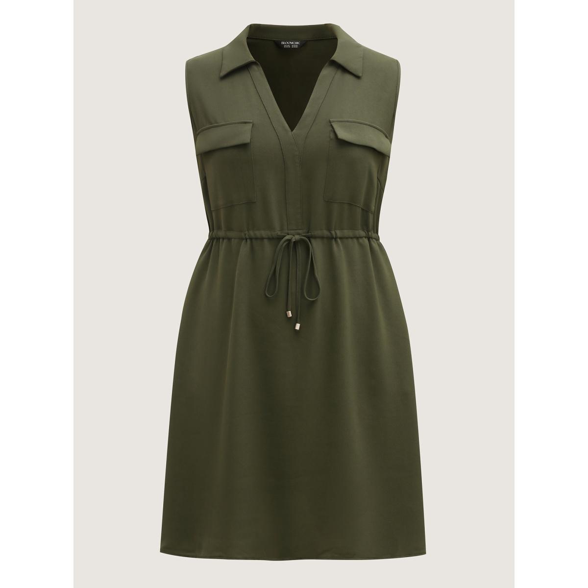 Plus Size Waist Drawstring Pockets Solid Midi Dress ArmyGreen Women Drawstring Polo Sleeveless Curvy BloomChic 12/L Product Image