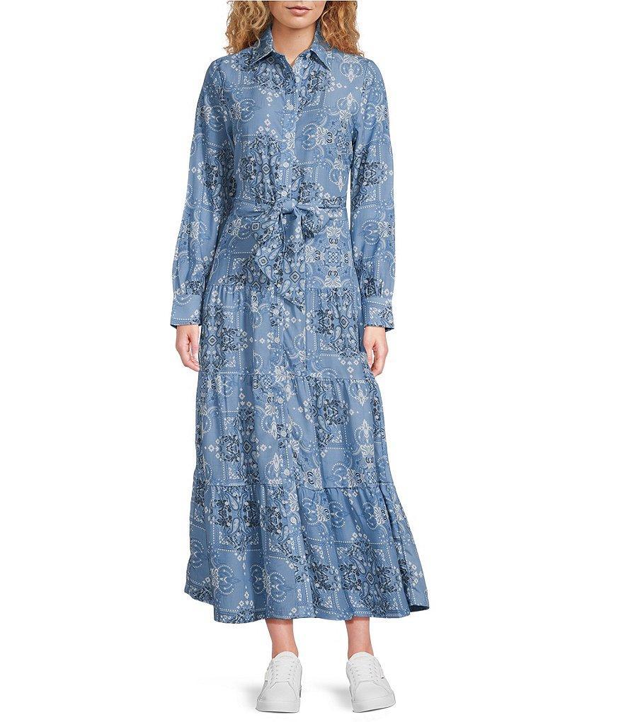 Reba Austin Point Collar Long Sleeve Tiered Belted Button Front Maxi Dress Product Image