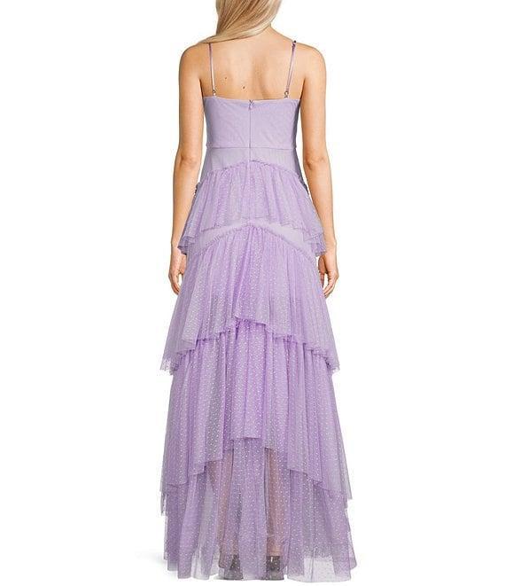 Next Up Solid Dot Mesh Sweetheart Neck Twist Front Adjustable Spaghetti Strap Tiered Ruffle Dress Product Image