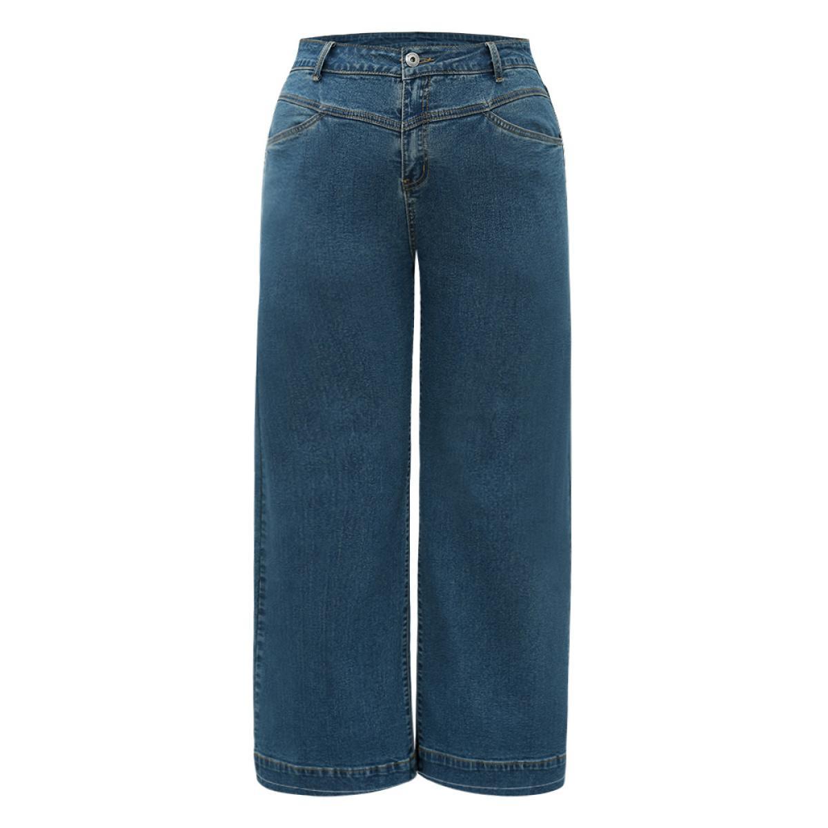Plus Size Solid Patchwork Wide Leg Medium Wash Jeans Women Cerulean Casual Plain Plain High stretch Pocket Jeans BloomChic 10/M Product Image