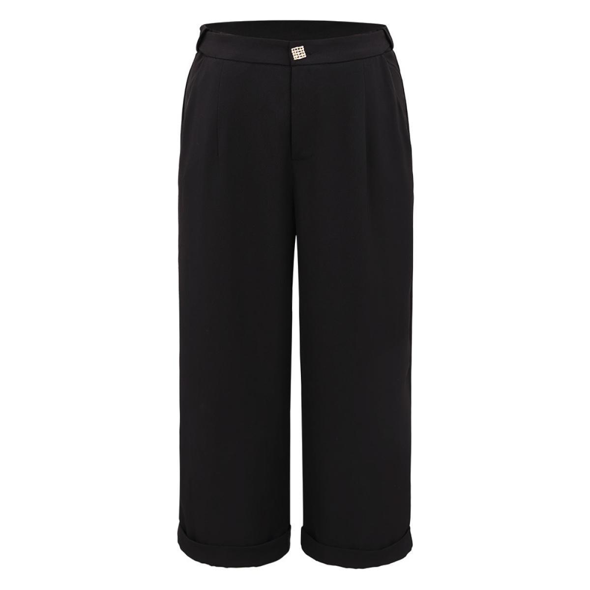 Plus Size Plain Metal Detail Pocket Wide Leg Pants Women Black Office Wide Leg High Rise Work Pants BloomChic 22-24/3X Product Image