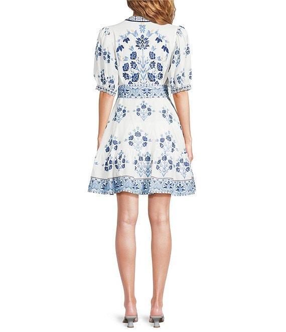 A Loves A Floral Woven Linen Round Neck Short Bubble Sleeve Button Front Tie at Waist A-Line Flounce Mini Dress Product Image