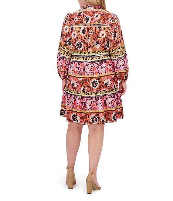 Vince Camuto Plus Size Woven Floral Print V-Neck Tie Long Sleeve Belted Dress Product Image