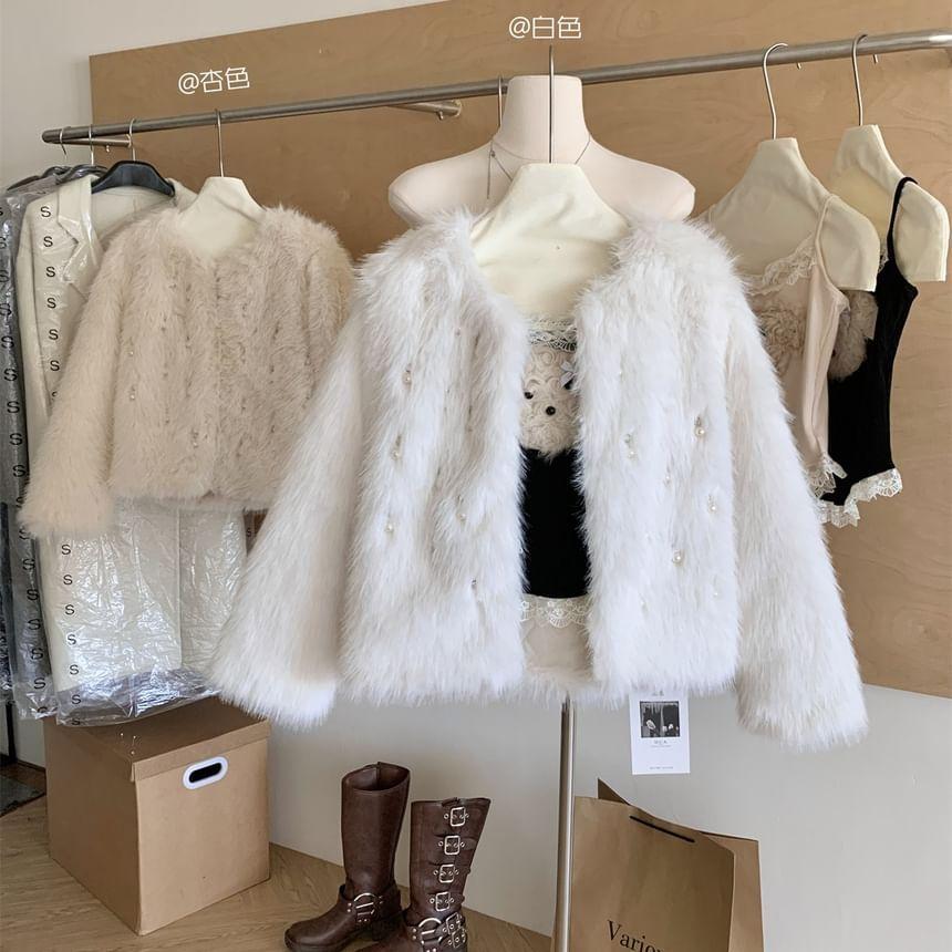 Round Neck Beaded Fluffy Jacket Product Image