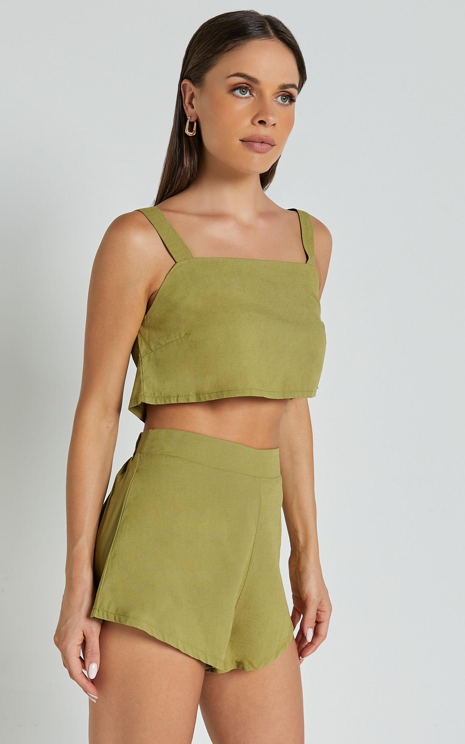 Zanrie Two Piece Set - Linen Look Square Neck Crop Top and High Waist Mini Flare Shorts Set in Celery Product Image