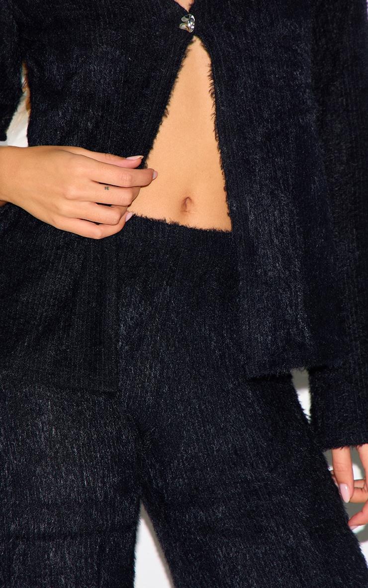 Black Textured Wide Leg Low Rise Pants Product Image