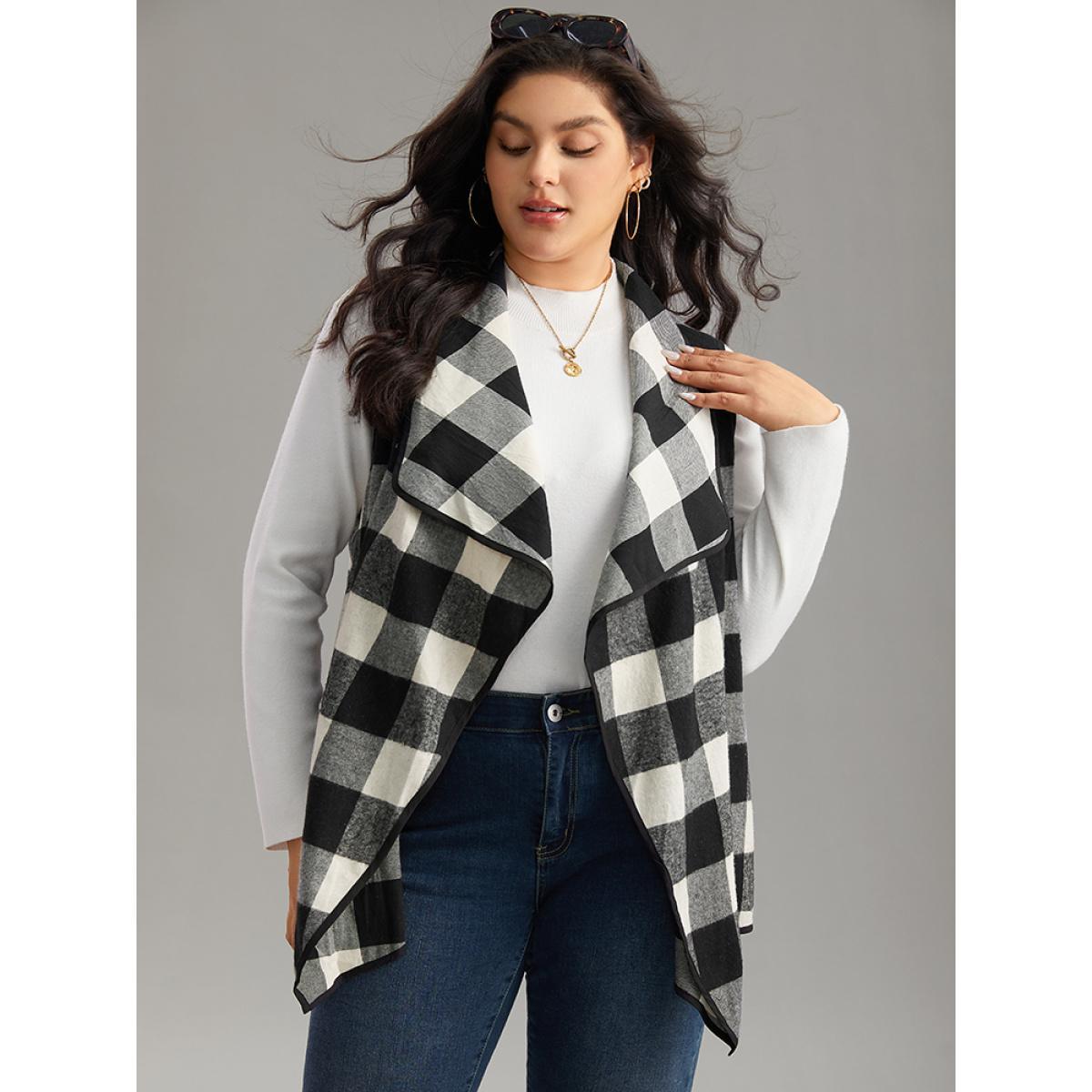 Plus Size Plaid Asymmetrical Hem Open Front Vest Women Black Casual Contrast Dailywear Kimonos BloomChic 26/4X Product Image