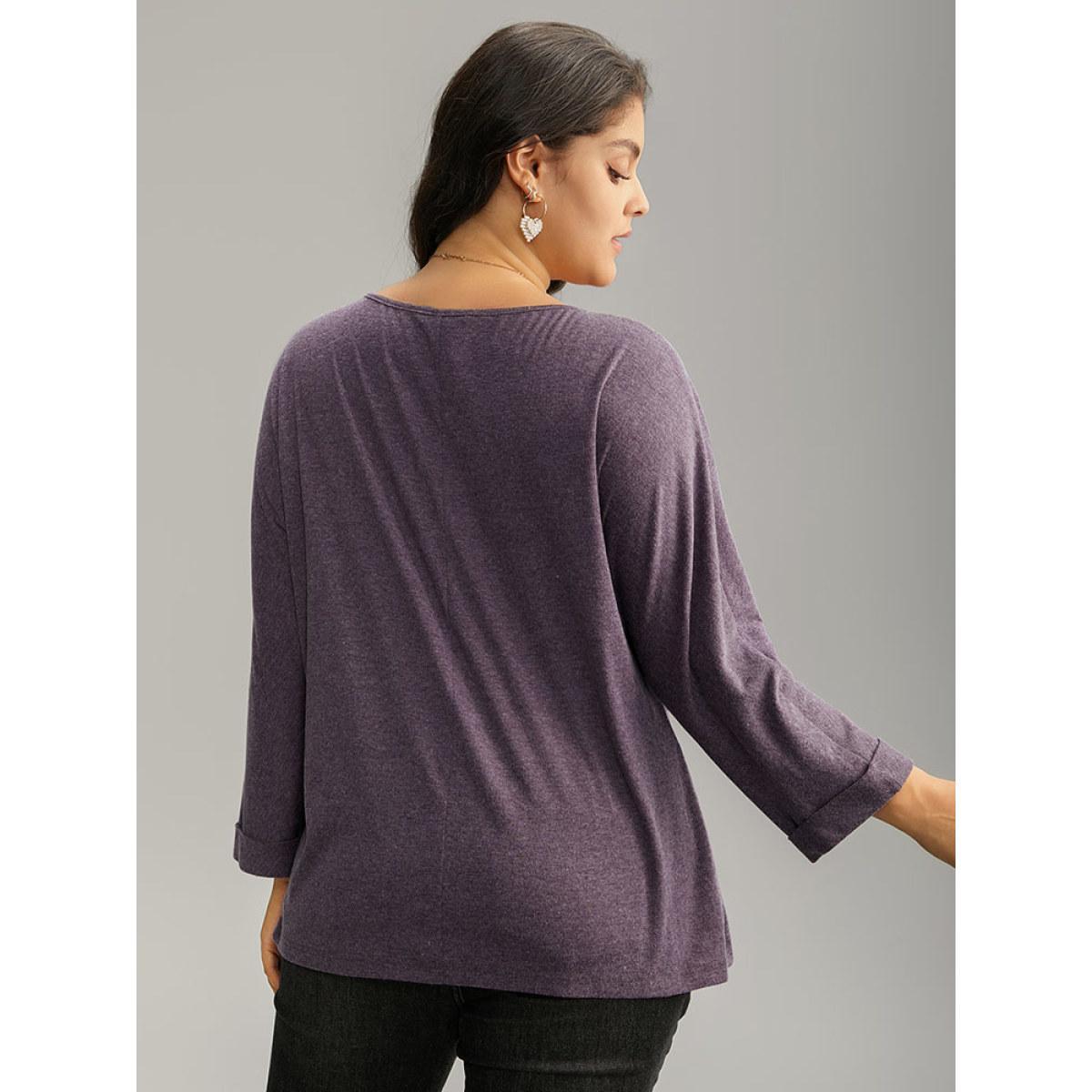 Plus Size Solid Heather Round Neck Roll Dolman Sleeve T-shirt Mauve Women Casual Plain Plain Round Neck Dailywear T-shirts BloomChic 30/6X Product Image