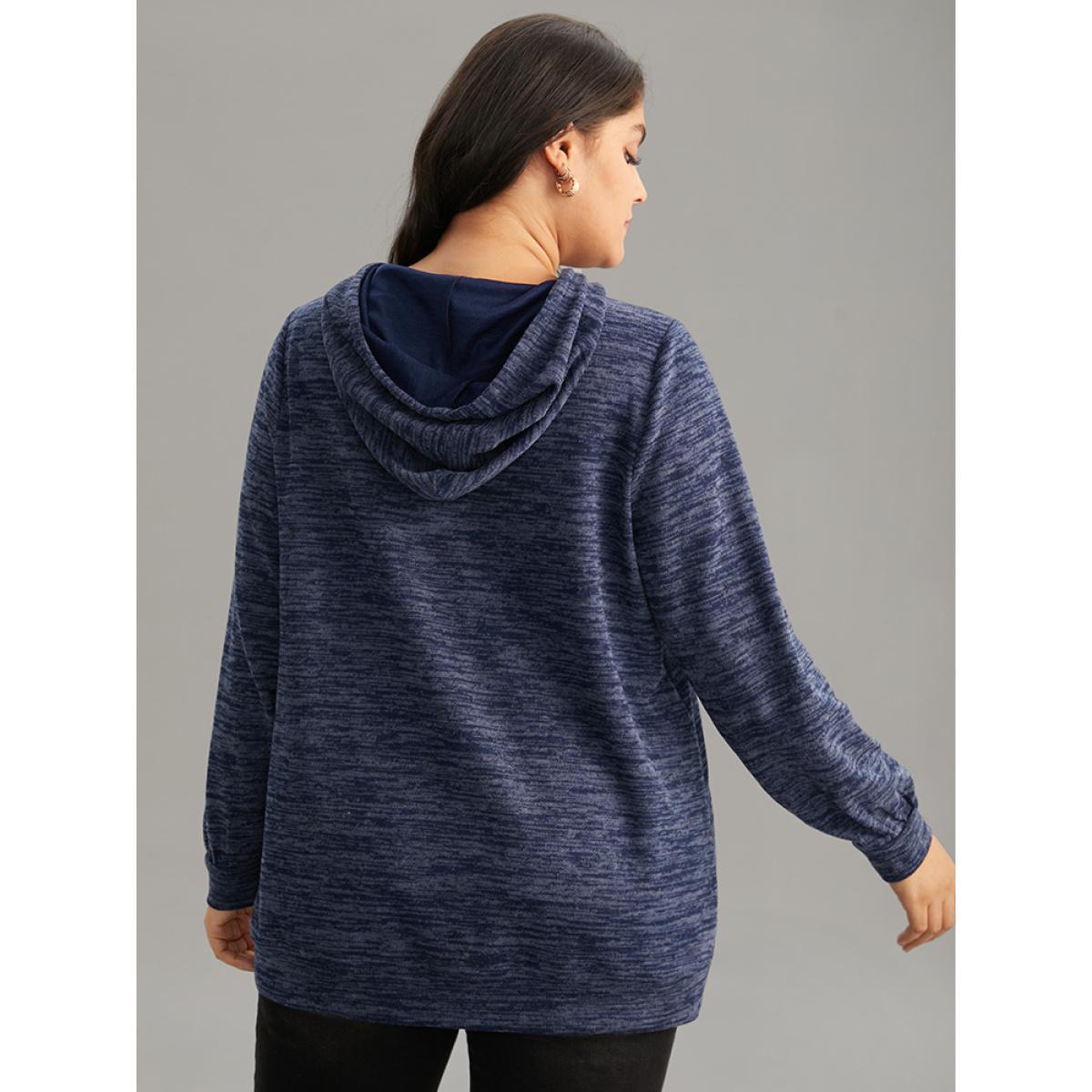 Plus Size Heather Hooded Button Up Pocket Sweatshirt Women Indigo Casual Plain Hooded Dailywear Sweatshirts BloomChic 18-20/2X Product Image