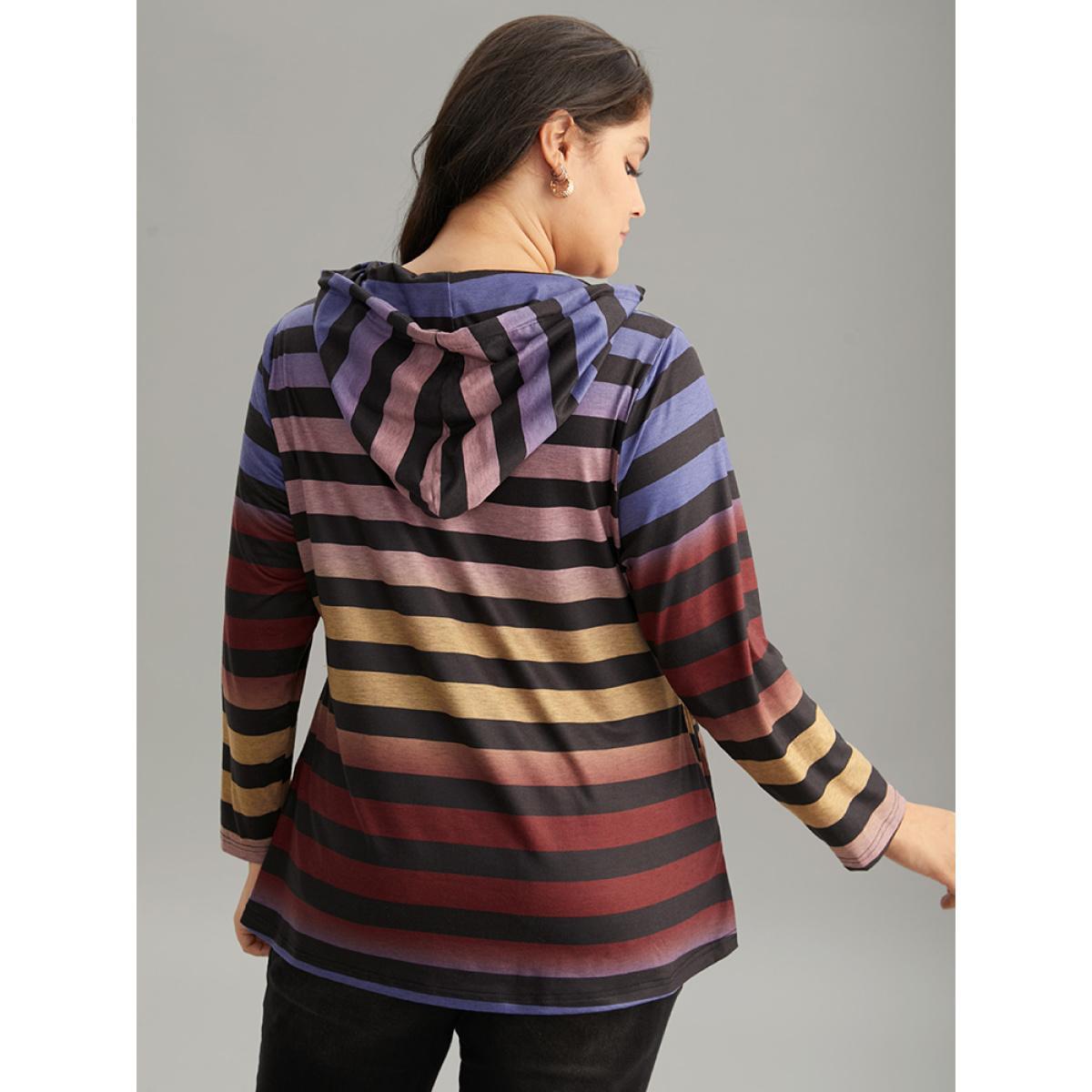 Plus Size Colour Striped Ombre Hooded Drawstring T-shirt Multicolor Women Casual Printed Striped Hooded Dailywear T-shirts BloomChic 18-20/2X Product Image