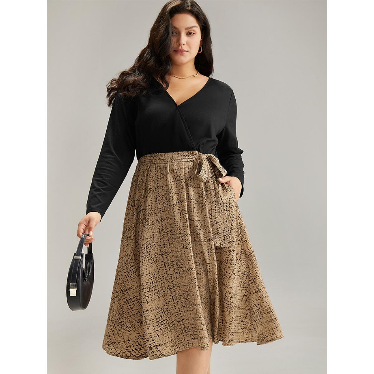 Plus Size Patchwork Pocket Belted Long Sleeve Dress Tan Women Elegant Belted V-neck Long Sleeve Curvy Midi Dress BloomChic 26/4X Product Image