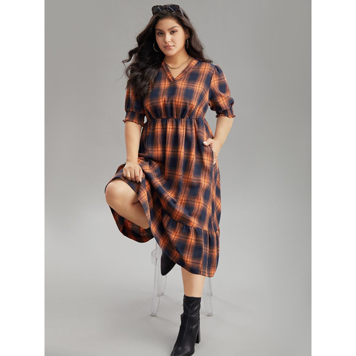 Plus Size Plaid Shirred Ruffles Pocket Dress Orange Women Elegant Printed V-neck Short sleeve Curvy Midi Dress BloomChic 28/5X Product Image