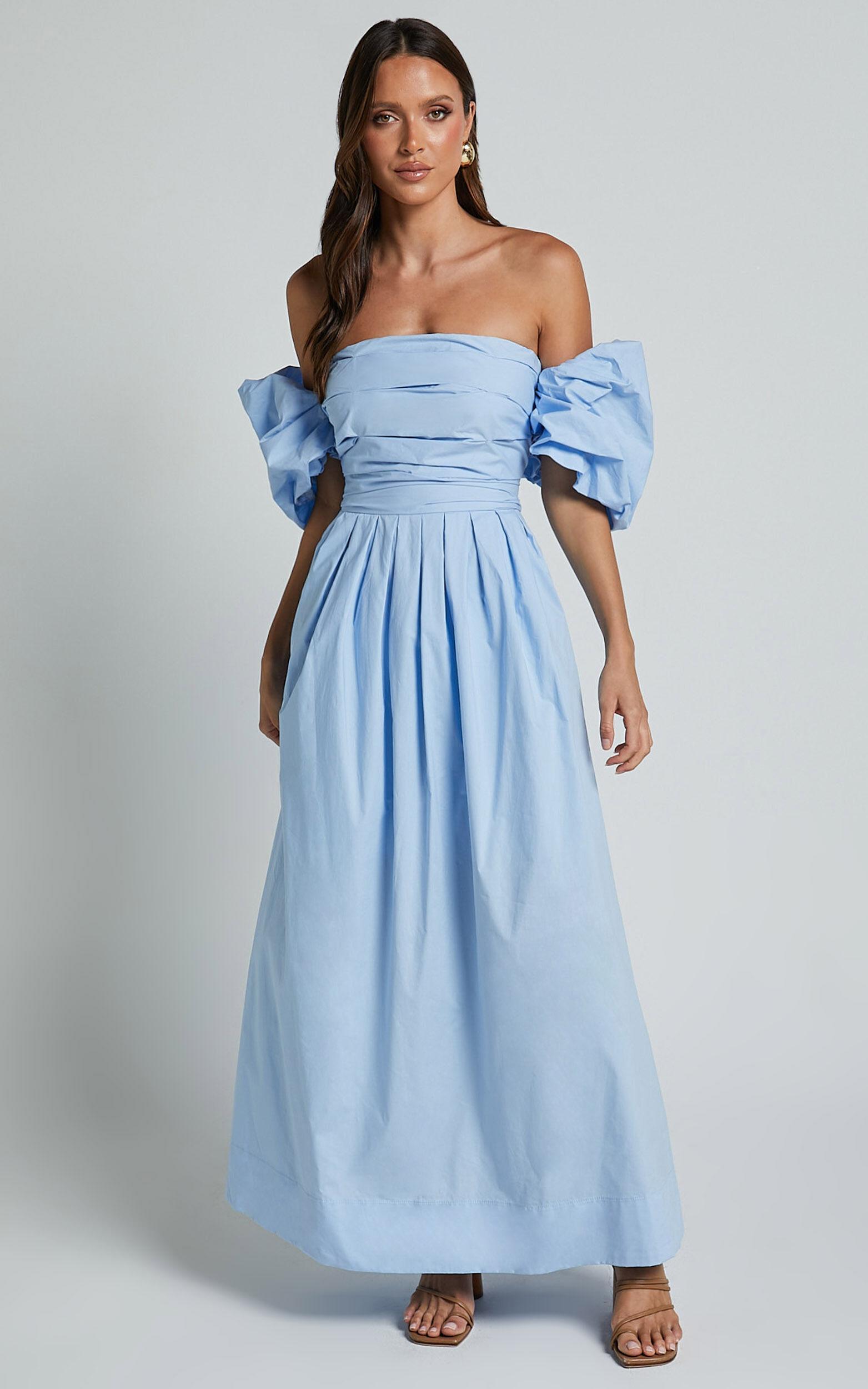 Annie Midi Dress - Off The Shoulder Ruffle Sleeve Pleated Dress in Pale Blue Product Image