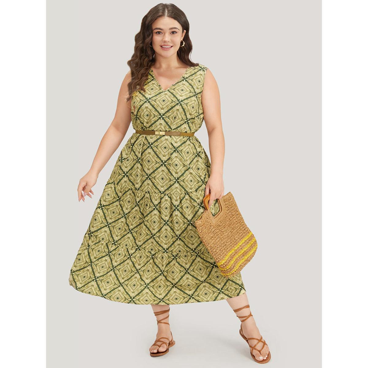 Plus Size Geometric Print Pocket Tank V Neck Dress Moss Women Vacation Printed V-neck Sleeveless Curvy Midi Dress BloomChic 18-20/2X Product Image