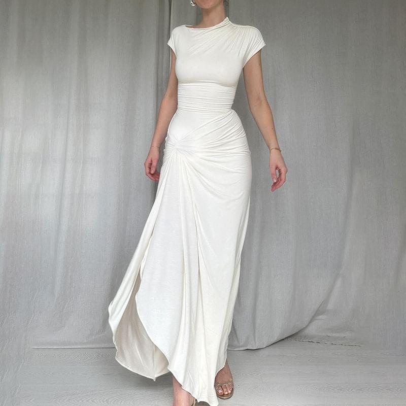 Short-Sleeve Asymmetrical Neck Plain Ruched Side-Slit Maxi Sheath Dress Product Image