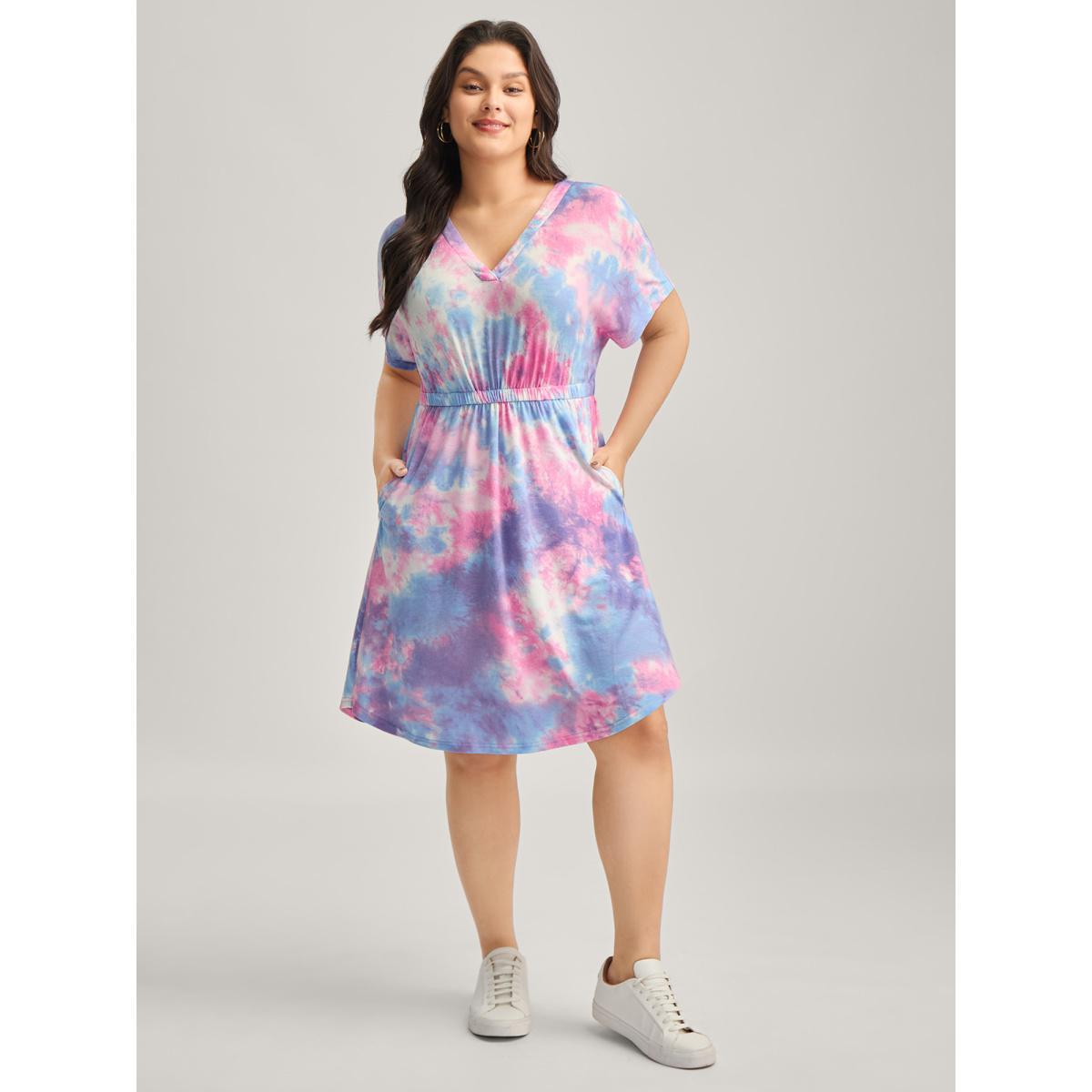 Plus Size Tie-Dye Curvy Hem V-Neck Midi Dress Multicolor Women V-neck Short sleeve Curvy BloomChic 22-24/3X Product Image