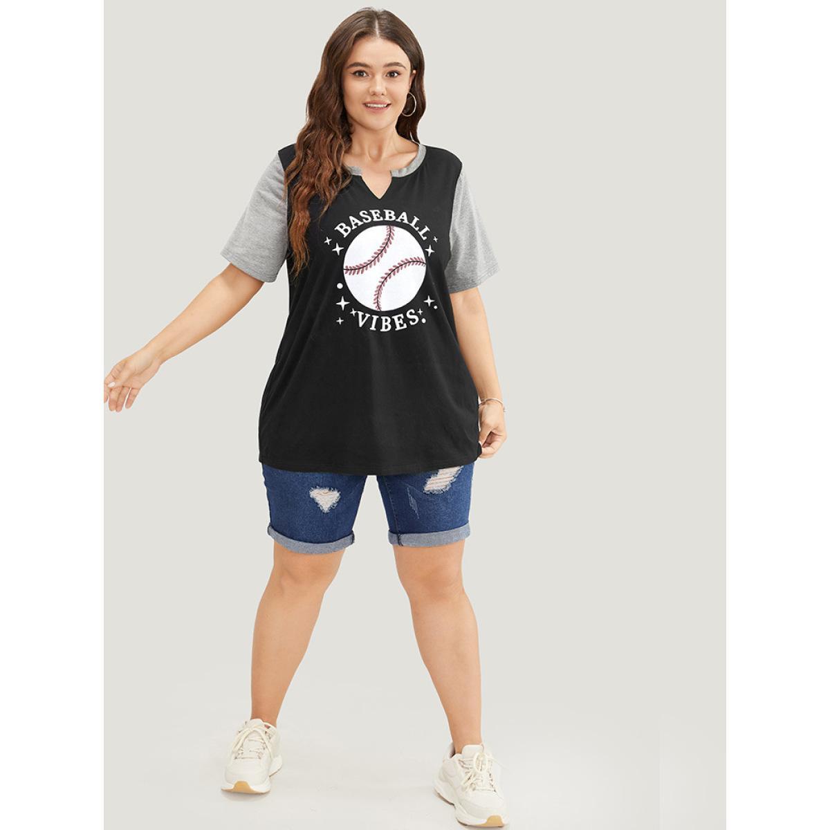 Plus Size Letter & Leaf Print Contrast Notched Neck T-shirt Black Women Casual Contrast Graphic Dailywear T-shirts BloomChic 22-24/3X Product Image