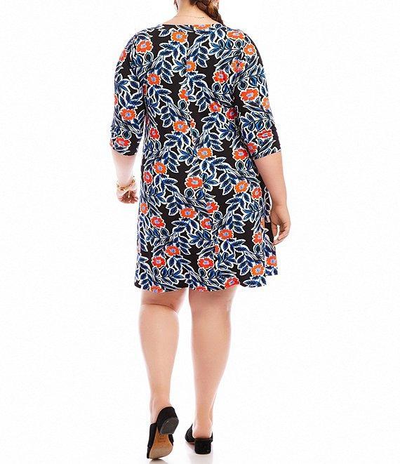Karen Kane Plus Size Poppy Print Scoop Neck 3/4 Sleeve A-Line Dress Product Image