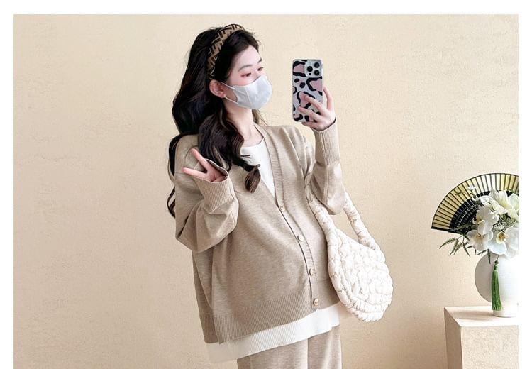 Maternity Set: Round Neck Mock Two-Piece Two Tone Buttoned Sweater + High Waist Slit Wide Leg Pants Product Image