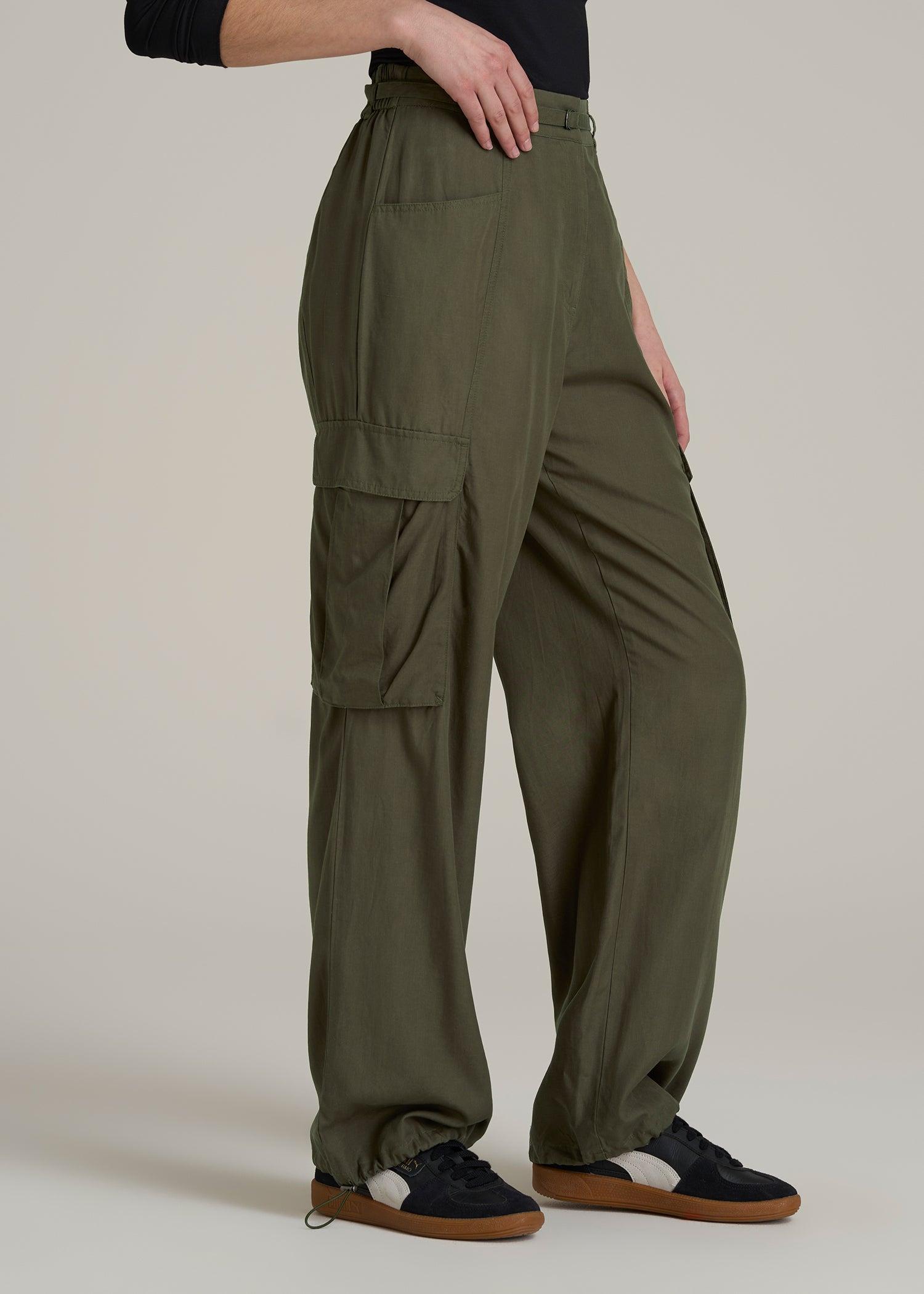 High Rise Cargo Parachute Pants for Tall Women in Forest Night Product Image