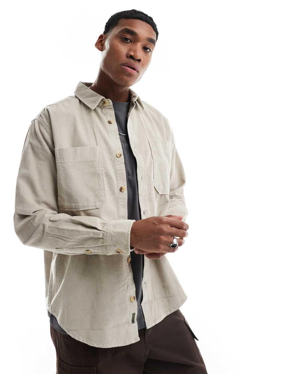 Only & Sons cord overshirt in beige Product Image