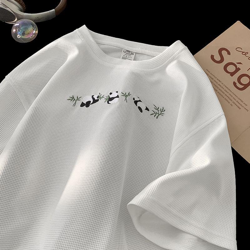 Short Sleeve Crew Neck Panda Print Waffle Boxy T-Shirt Product Image