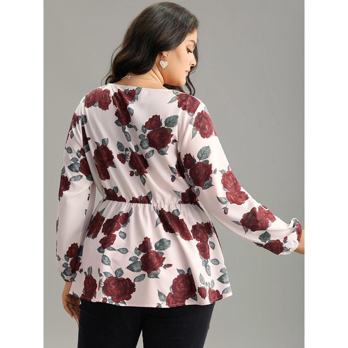 Plus Size Scarlet Floral Print Eyelet Lace Lantern Sleeve Blouse Women Glamour Long Sleeve V-neck Going out Blouses BloomChic 28/5X Product Image